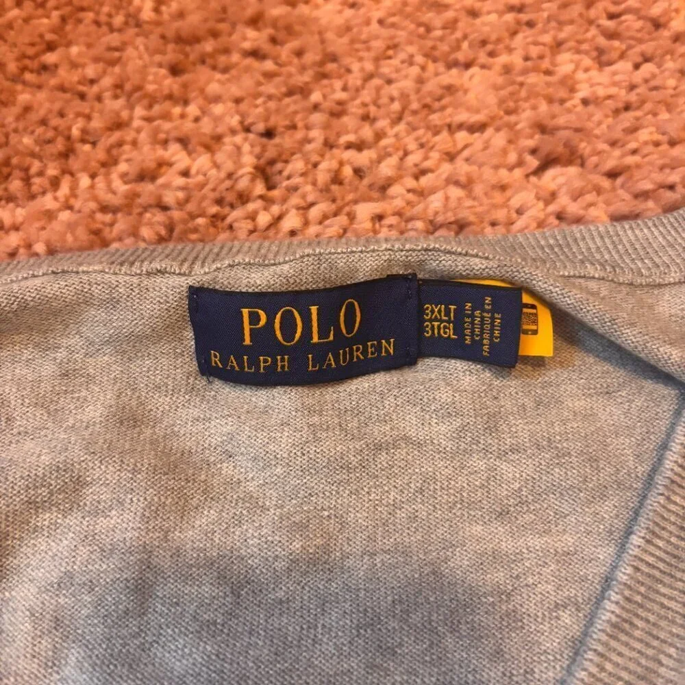 Polo Ralph Lauren Men's Pullover 100% Cotton V-Neck Sweater Grey Fit Size 3XLT